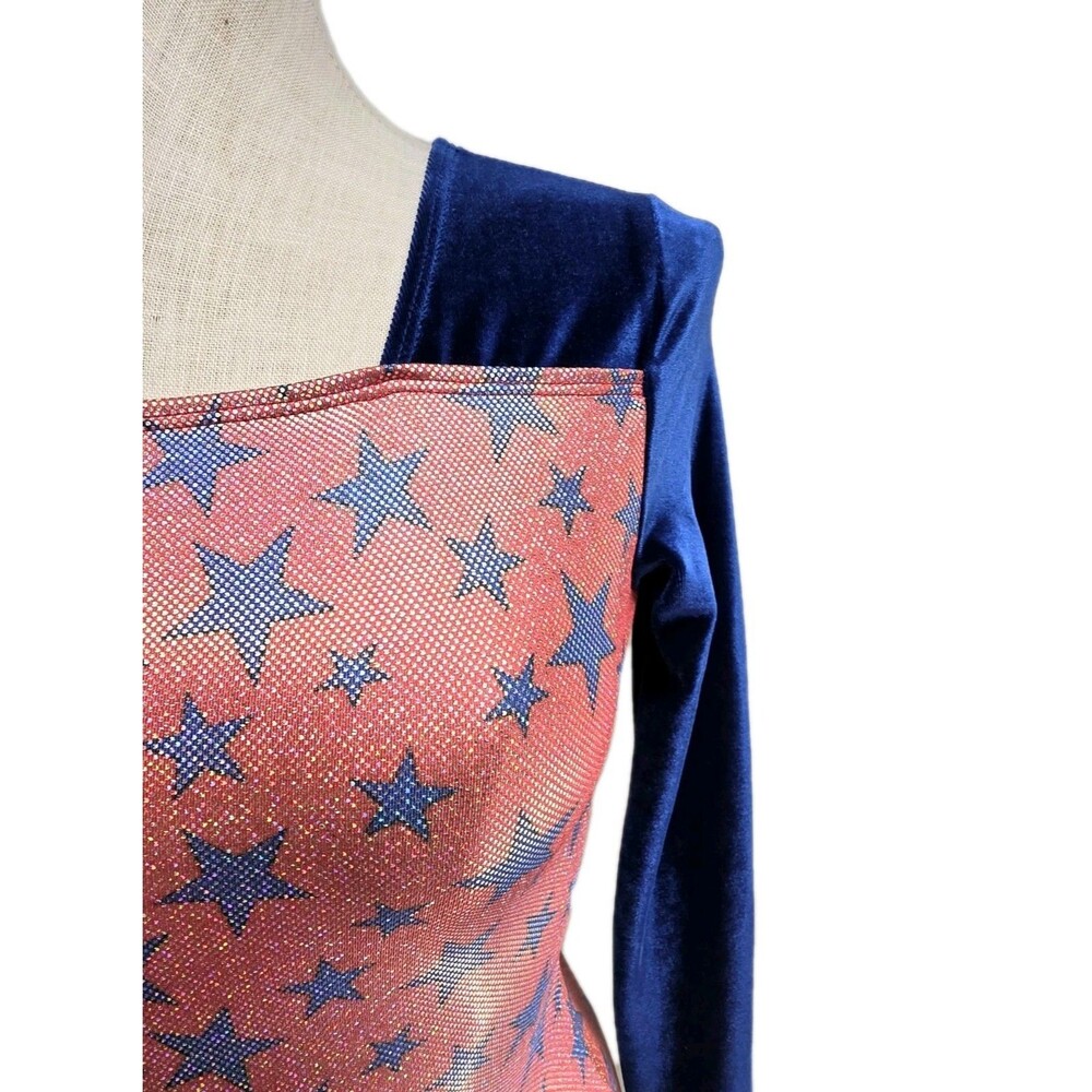 GK Elite VTG Shimmering Patriotic Holographic LS Velvet Leotard Red Blue Size AM - Picture 4 of 16